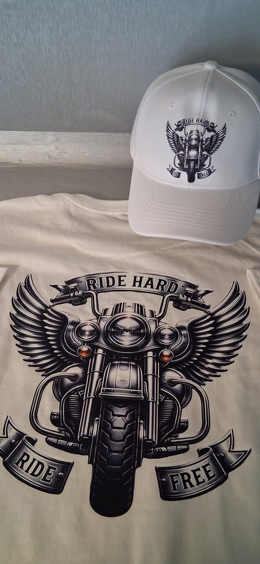Ride Hard white tee with matching cap