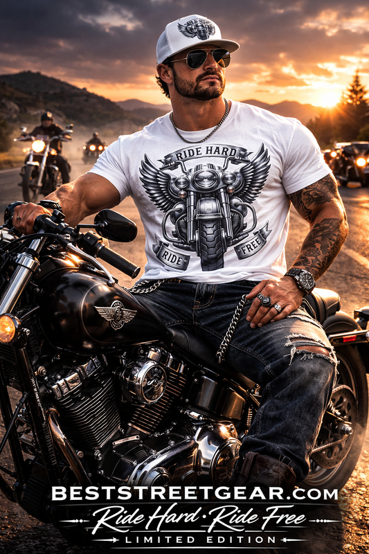 Ride Hard white tee with matching cap