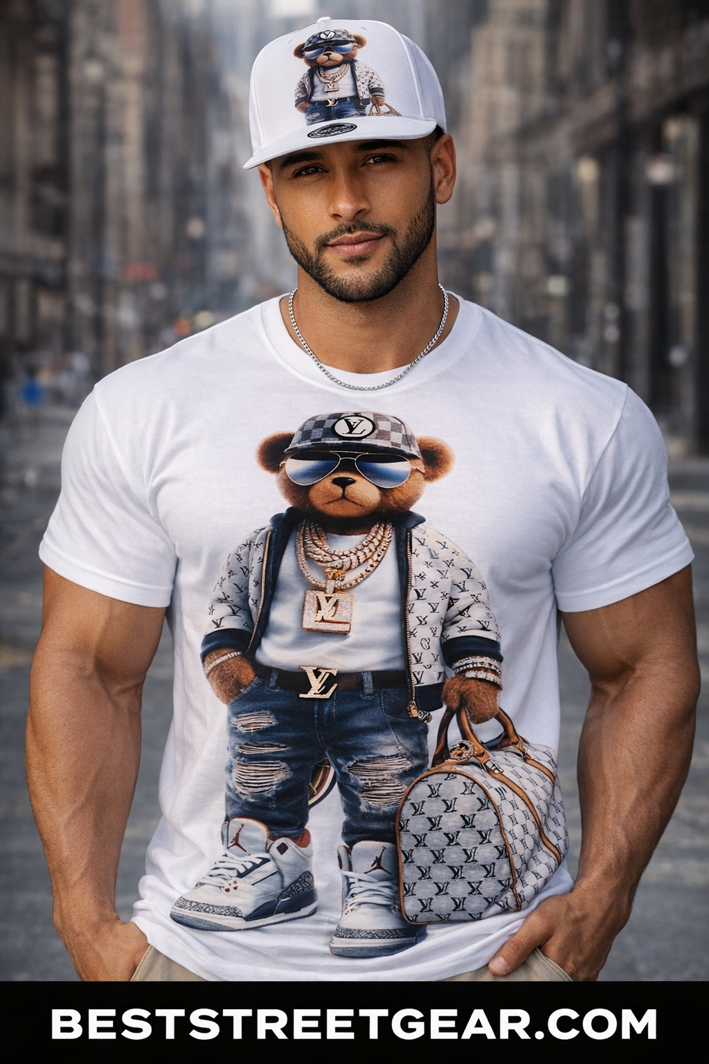 Men white Tee-shirt LV Bear with Cap